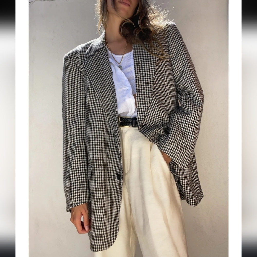 Guy Laroche Wool Black and White Houndstooth Tailored Blazer